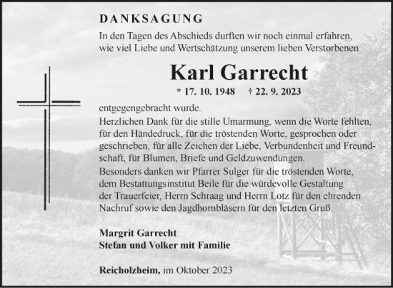 Traueranzeige von Karl Garrecht von Fränkische Nachrichten