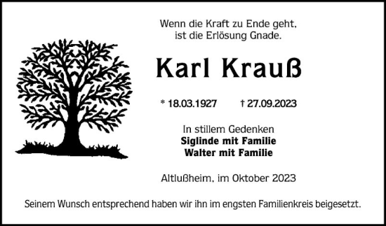 Traueranzeige von Karl Krauß von Schwetzinger Zeitung