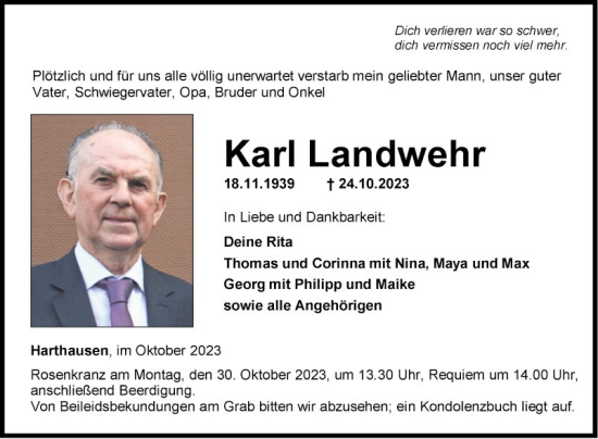 Traueranzeige von Karl Landwehr von Fränkische Nachrichten