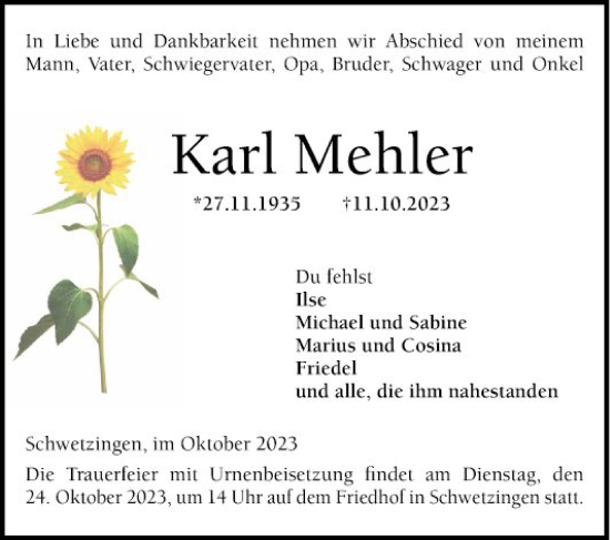 Traueranzeige von Karl Mehler von Schwetzinger Zeitung