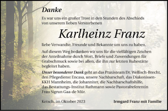 Traueranzeige von Karlheinz Franz von Schwetzinger Zeitung