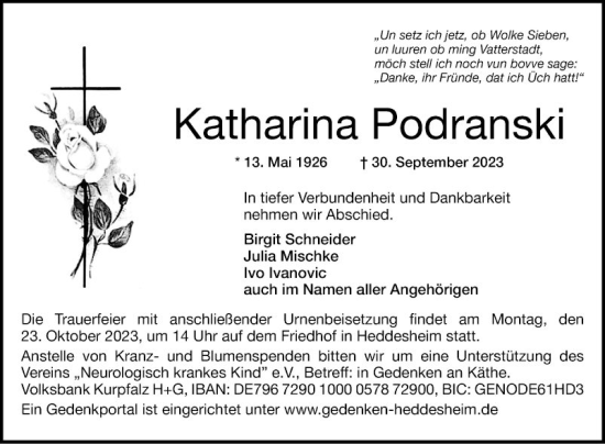 Traueranzeige von Katharina Podranski von Mannheimer Morgen