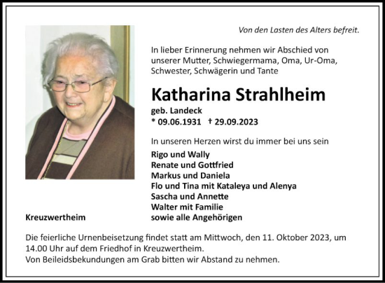 Traueranzeige von Katharina Strahlheim von Fränkische Nachrichten