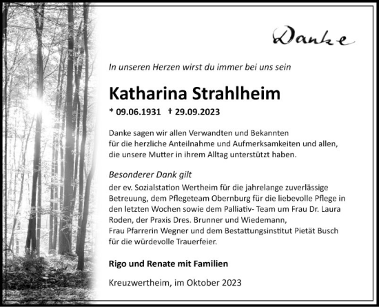 Traueranzeige von Katharina Strahlheim von Fränkische Nachrichten