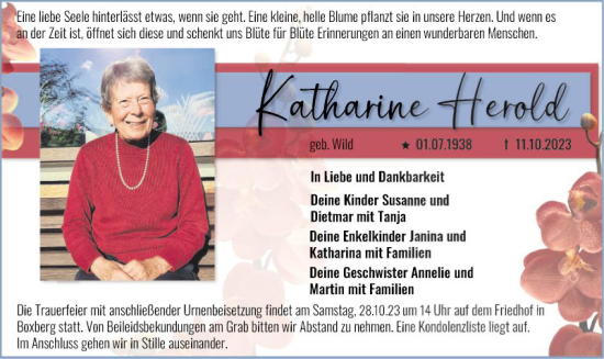 Traueranzeige von Katharine Herold von Fränkische Nachrichten