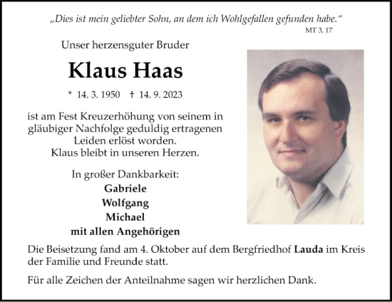 Traueranzeige von Klaus Haas von Fränkische Nachrichten