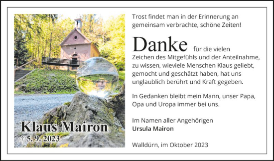 Traueranzeige von Klaus Marion von Fränkische Nachrichten