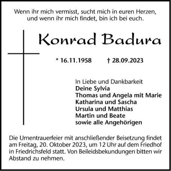 Traueranzeige von Konrad Badura von Mannheimer Morgen