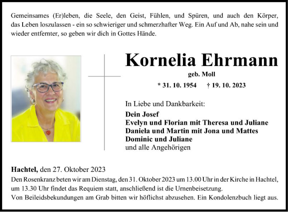  Traueranzeige für Kornelia Ehrmann vom 27.10.2023 aus Fränkische Nachrichten