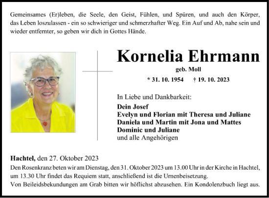 Traueranzeige von Kornelia Ehrmann von Fränkische Nachrichten