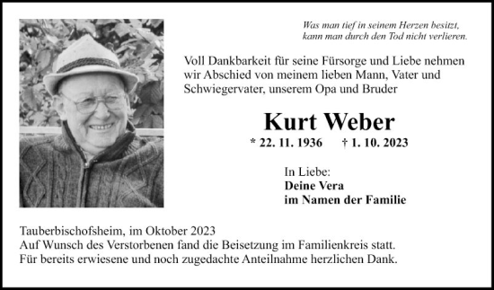 Traueranzeige von Kurt Weber von Fränkische Nachrichten