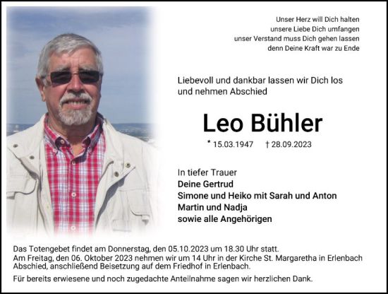 Traueranzeige von Leo Bühler von Fränkische Nachrichten