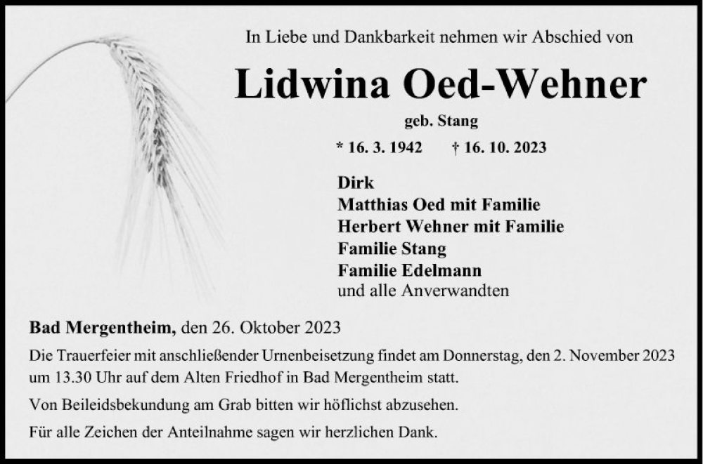  Traueranzeige für Lidwina Oed-Weliner vom 26.10.2023 aus Fränkische Nachrichten