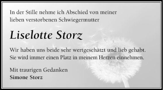 Traueranzeige von Liselotte Storz von Schwetzinger Zeitung