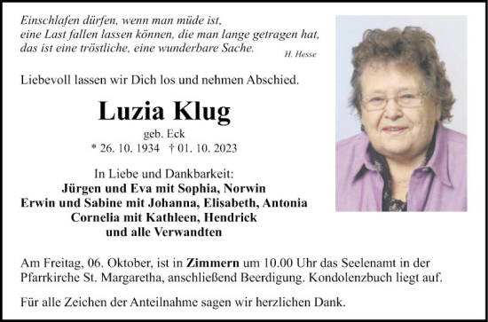 Traueranzeige von Luzia Klug von Fränkische Nachrichten