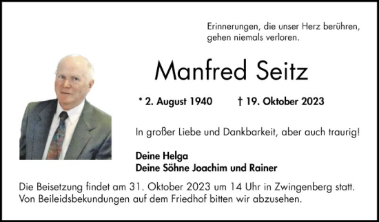 Traueranzeige von Manfred Seitz von Bergsträßer Anzeiger