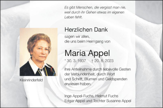 Traueranzeige von Maria Appel von Fränkische Nachrichten