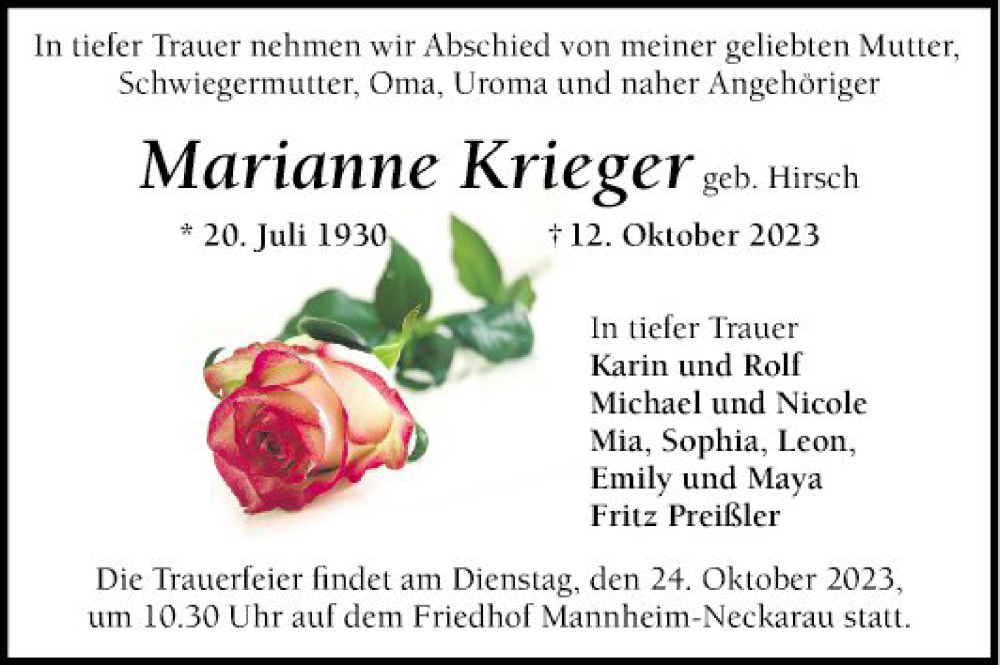  Traueranzeige für Marianne Krieger vom 21.10.2023 aus Mannheimer Morgen