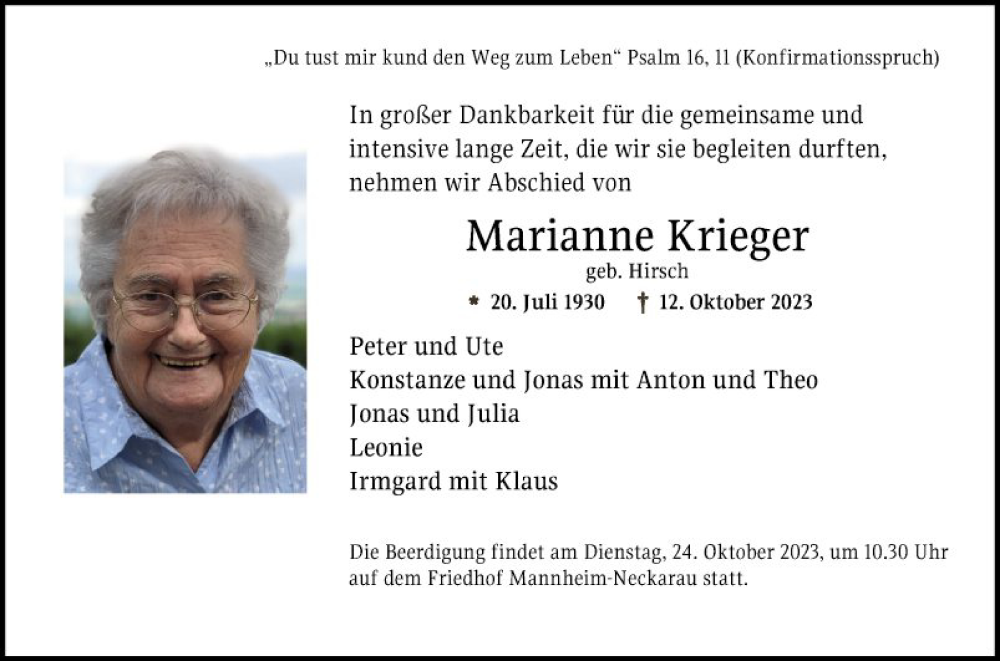 Traueranzeige für Marianne Krieger vom 21.10.2023 aus Mannheimer Morgen
