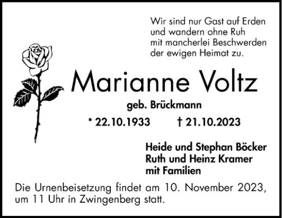 Traueranzeige von Marianne Voltz von Bergsträßer Anzeiger