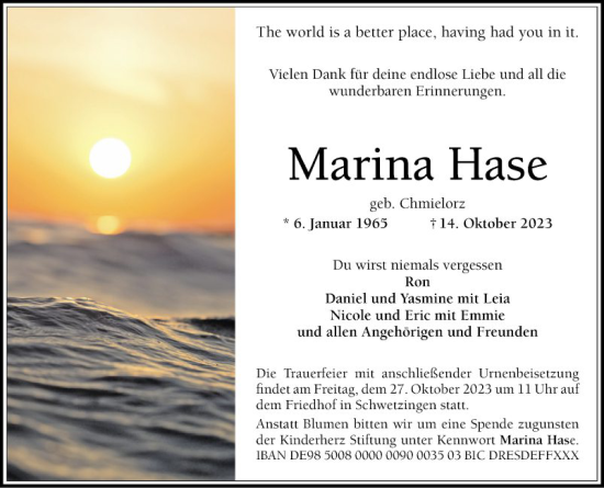 Traueranzeige von Marina Hase von Schwetzinger Zeitung