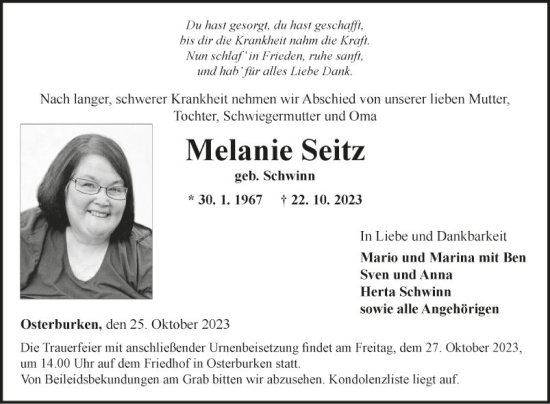 Traueranzeige von Melanie Seitz von Fränkische Nachrichten