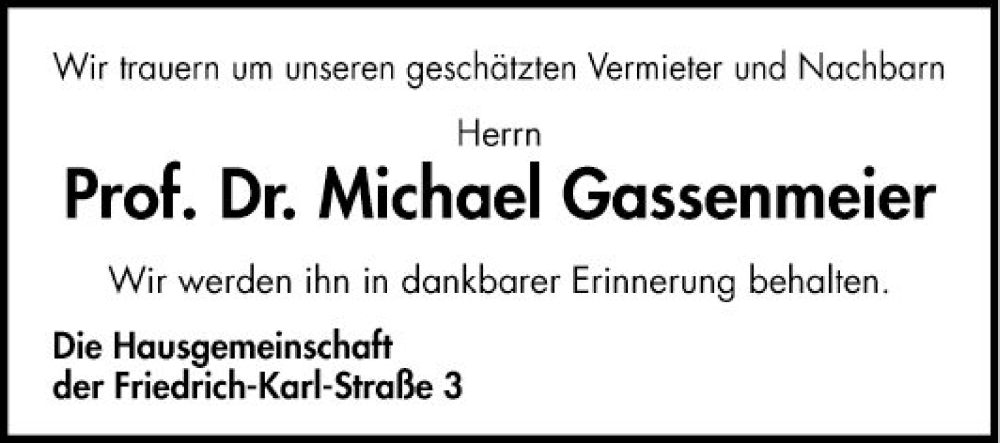  Traueranzeige für Michael Gassenmeier vom 07.10.2023 aus Mannheimer Morgen