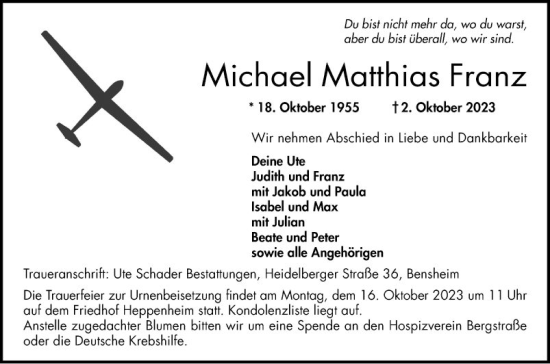 Traueranzeige von Michael Matthias Franz von Bergsträßer Anzeiger