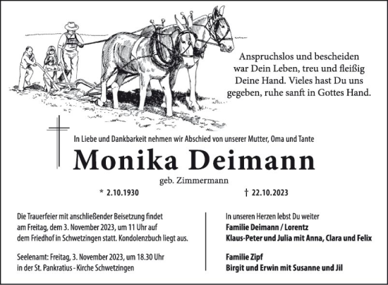 Traueranzeige von Monika Deimann von Schwetzinger Zeitung