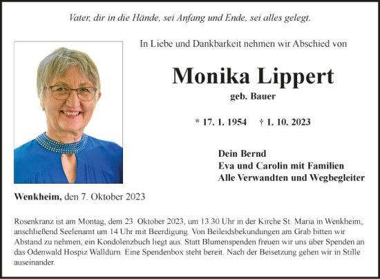 Traueranzeige von Monika Lippert von Fränkische Nachrichten