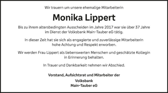 Traueranzeige von Monika Lippert von Fränkische Nachrichten