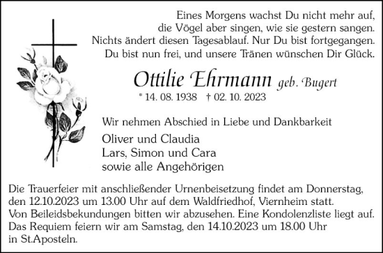 Traueranzeige von Ottilie Ehrmann von Mannheimer Morgen