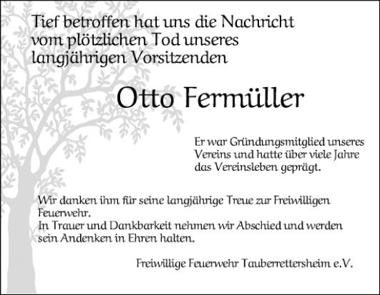 Traueranzeige von Otto Fermüller von Fränkische Nachrichten