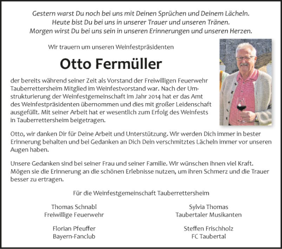 Traueranzeige von Otto Fermüller von Fränkische Nachrichten