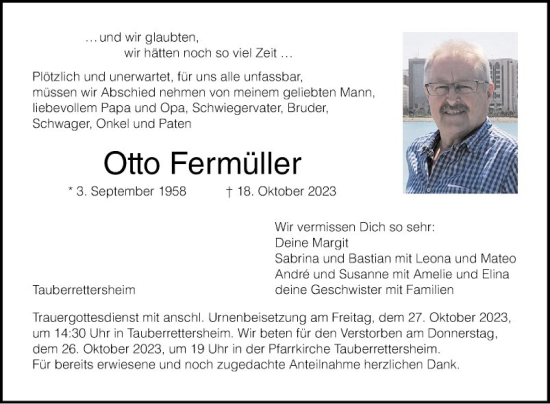 Traueranzeige von Otto Fermüller von Fränkische Nachrichten