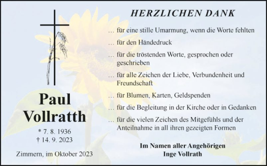 Traueranzeige von Paul Vollrath von Fränkische Nachrichten