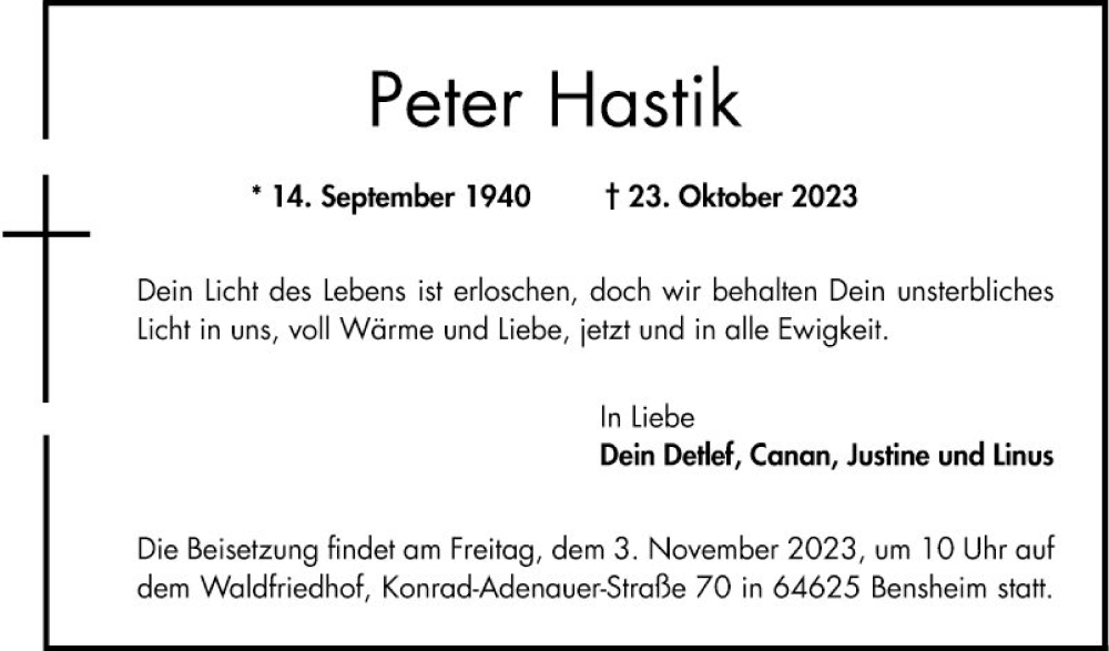  Traueranzeige für Peter Hastik vom 28.10.2023 aus Bergsträßer Anzeiger