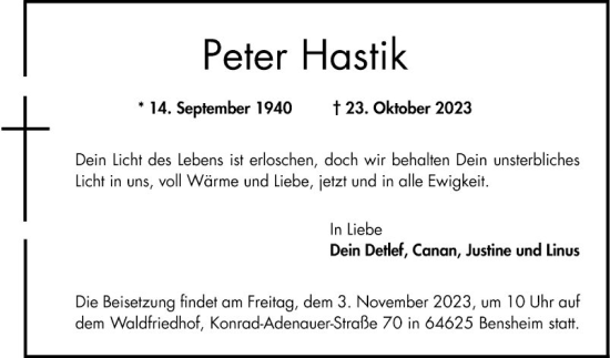 Traueranzeige von Peter Hastik von Bergsträßer Anzeiger