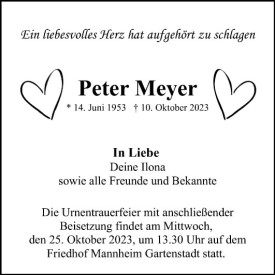 Traueranzeige von Peter Meyer von Mannheimer Morgen