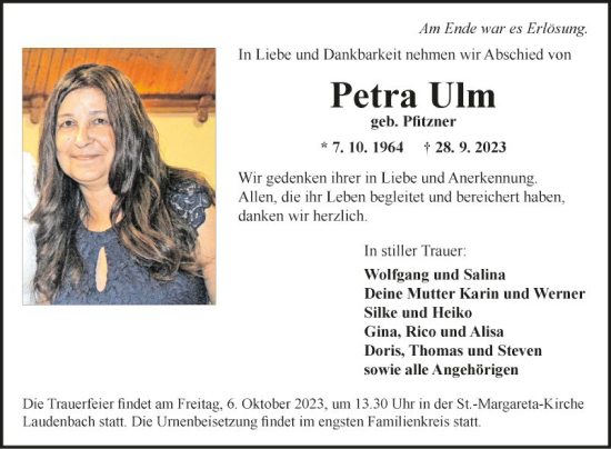 Traueranzeige von Petra Ulm von Fränkische Nachrichten