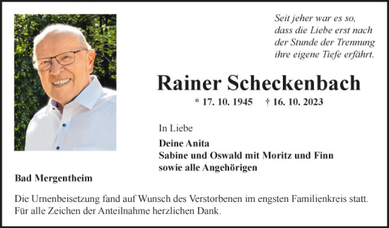 Traueranzeige von Rainer Scheckenbach von Fränkische Nachrichten