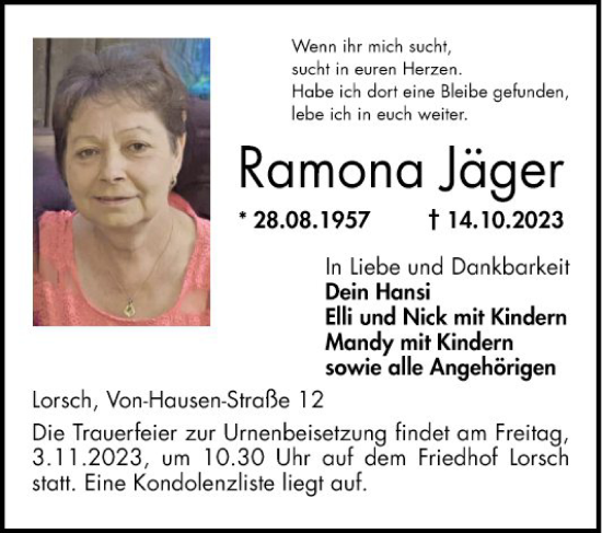 Traueranzeige von Ramona Jäger von Bergsträßer Anzeiger