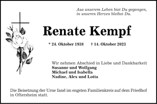 Traueranzeige von Renate Kempf von Schwetzinger Zeitung