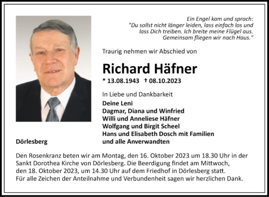 Traueranzeige von Richard Häfner von Fränkische Nachrichten