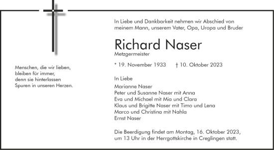 Traueranzeige von Richard Naser von Fränkische Nachrichten