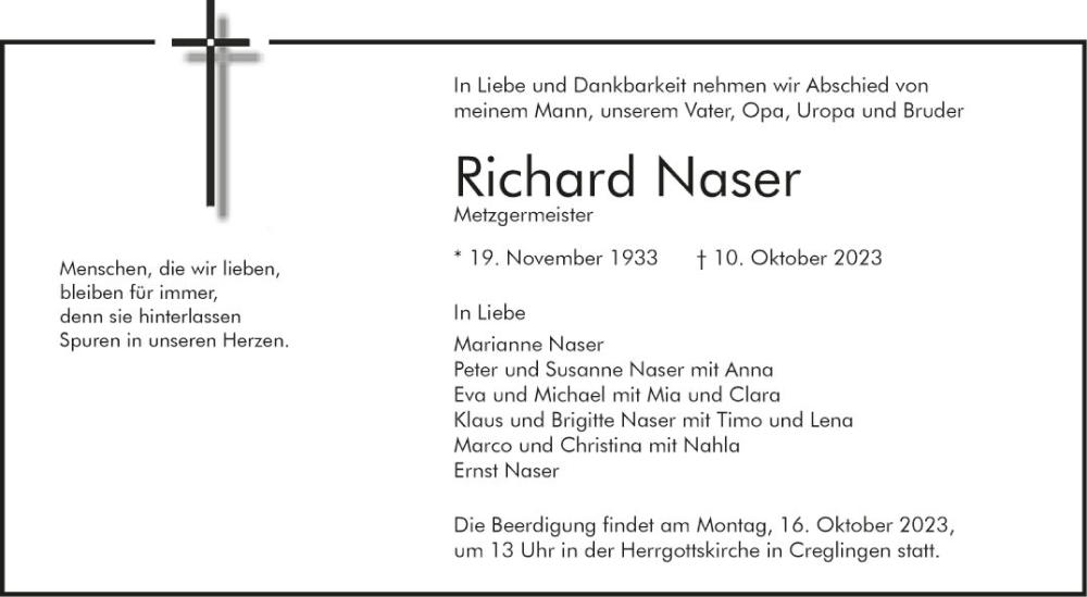  Traueranzeige für Richard Naser vom 14.10.2023 aus Fränkische Nachrichten