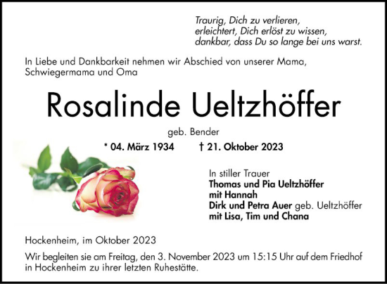 Traueranzeige von Rosalinde Ueltzhöffer von Schwetzinger Zeitung