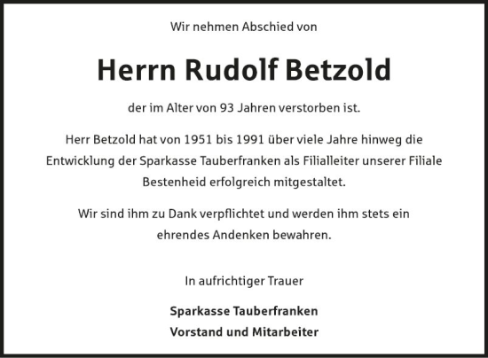 Traueranzeige von Rudolf Betzold von Fränkische Nachrichten