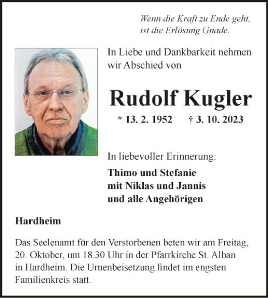 Traueranzeige von Rudolf Kugler von Fränkische Nachrichten