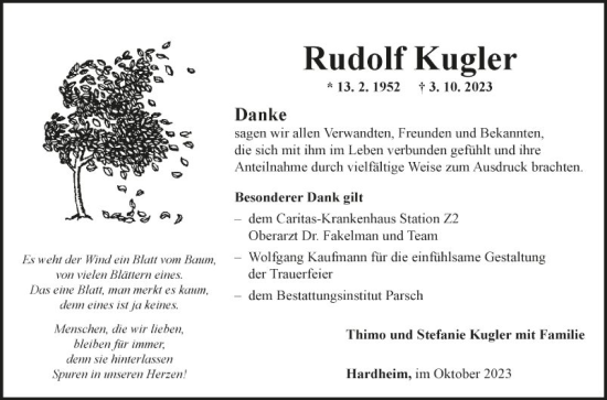 Traueranzeige von Rudolf Kugler von Fränkische Nachrichten